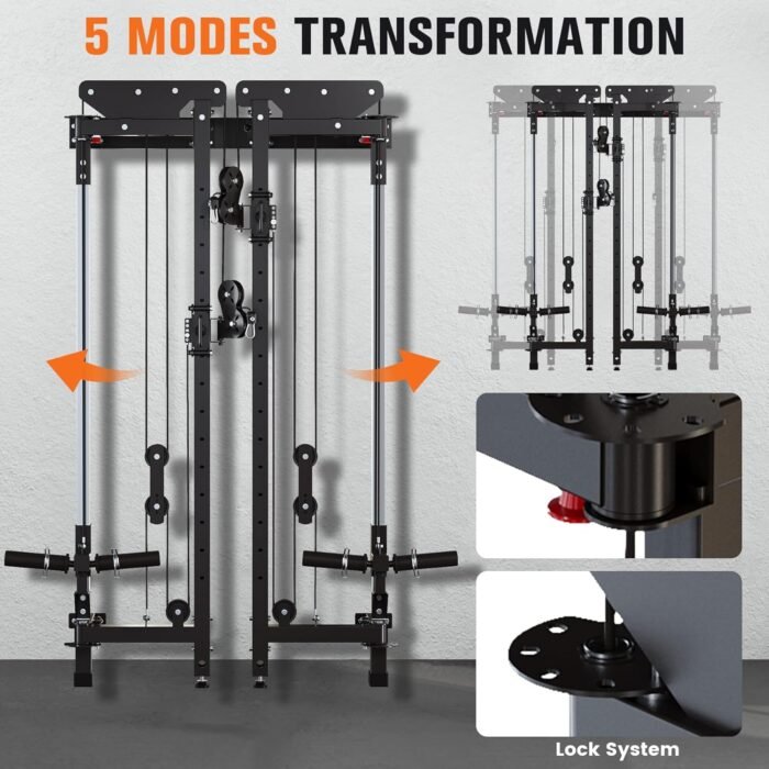 Folding Squat Rack - Wall Mounted Power Rack Cage with Cable Crossover Machine & LAT Pull Down - Functional Home Gym Trainer with 5 Adjustable Modes - with Safety Arm and Dips Attachment - Image 4