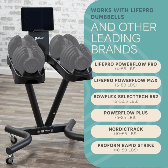 Lifepro Adjustable Dumbbell Stand Rack - Compatible with PowerFlow Plus, PowerUp Plus, and for More Brands- Phone Holder, featured Castors - Home Gym Storage and Convenient Strength Training - Image 4