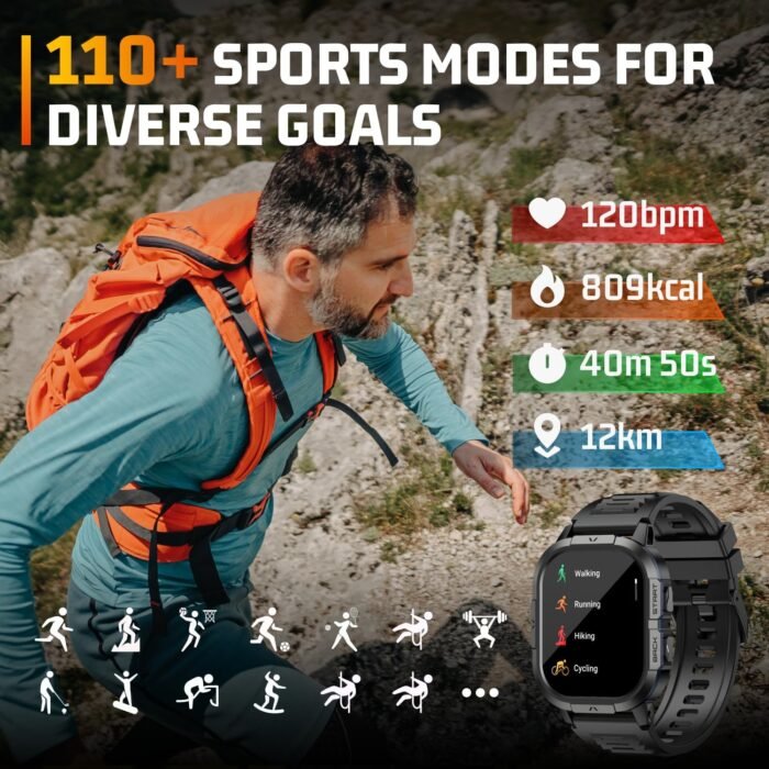 Military Smart Watches for Men-2.06”AMOLED Bluetooth Calls, IP68 Fitness Activity Step Tracker with Sleep Monitor/Pedometer/110+ Sports Modes, Tactical Smart Watch for Android iOS Samsung Compatible - Image 6