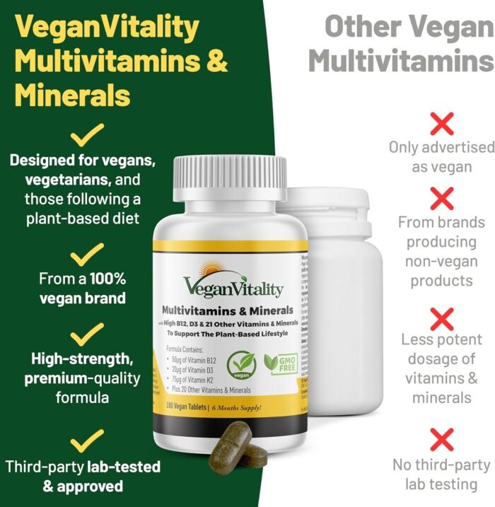 Vegan Vitality Multivitamins & Minerals for Women and Men with High Strength Vitamin B12, D3 & K2. 180 Vegan Multivitamin Tablets - 6 Months Supply. Vitamins for Vegans & Vegetarians - Image 4