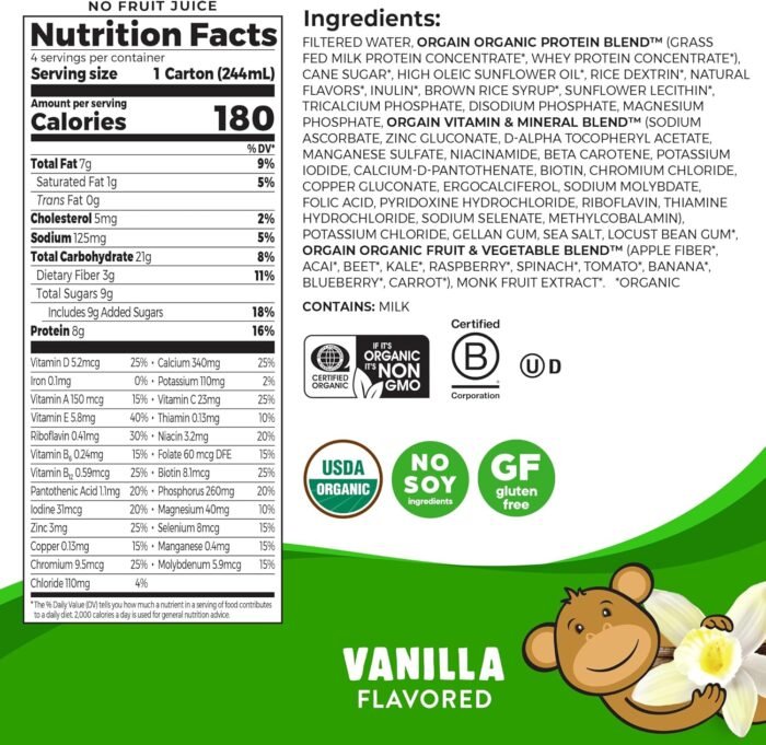 Orgain Organic Kids Protein Nutritional Shake, Vanilla - 8g of Protein, 22 Vitamins & Minerals, Fruits & Vegetables, Gluten Free, Soy Free, Non-GMO, 8.25 Oz, 12 Ct (Packaging May Vary) - Image 3