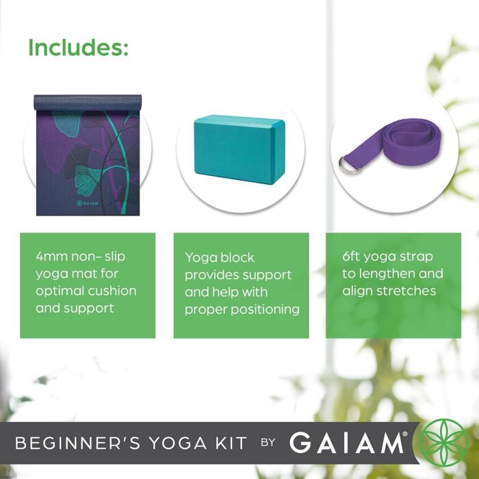 Gaiam Beginner's Yoga Starter Kit Set (Yoga Mat, Yoga Block, Yoga Strap) - Light 4mm Thick Printed Non-Slip Exercise Mat for Everyday Yoga - Includes 6ft Yoga Strap & Yoga Brick - Image 6