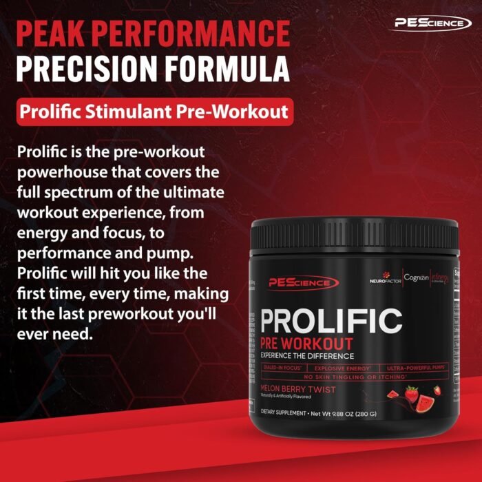 PEScience Prolific Pre Workout Powder for Men & Women with L Citrulline Nitric Oxide Booster, Energy Powder & Nootropic for Focus – Preworkout Without Beta Alanine – 40 Scoops, Melon Berry Twist - Image 4