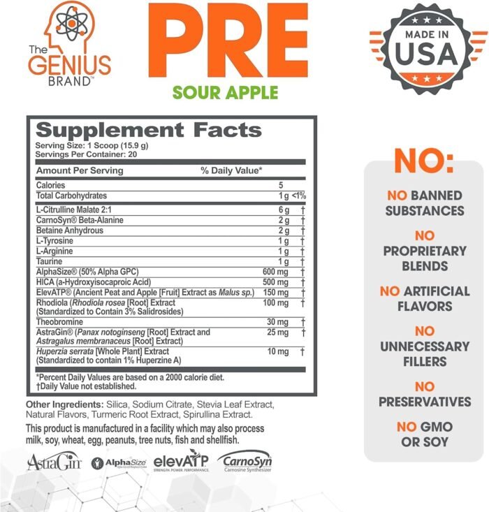 Genius Pre Workout Powder, Sour Apple - All-Natural Nootropic Pre-Workout & Caffeine-Free Nitric Oxide Booster Supplement with Beta Alanine & Alpha GPC - No Artificial Flavors, Sweeteners, or Dyes - Image 4