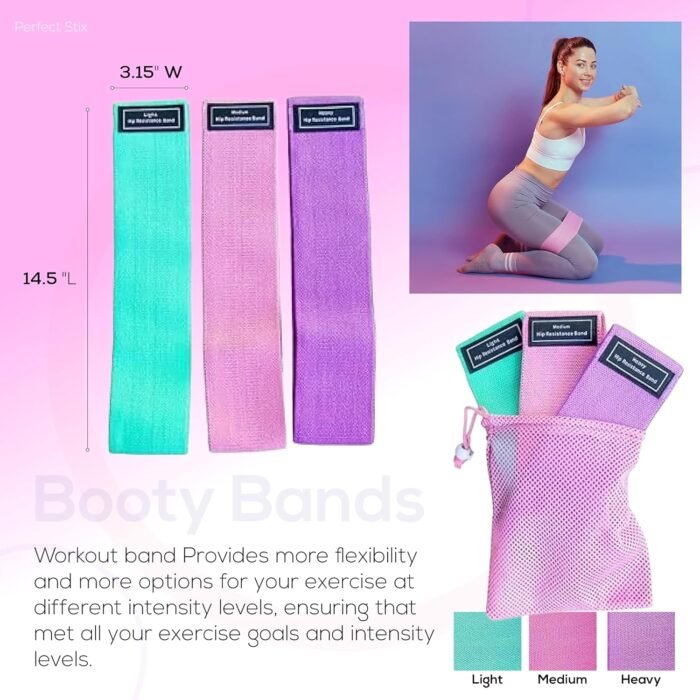 Perfect Stix Booty Bands - 3 Difficulties - Fabric Resistance Bands Set. Non Slip Stretch Bands. Exercise Bands for Legs and Butt. Includes a Pink Mesh Traveling Bag - Image 3