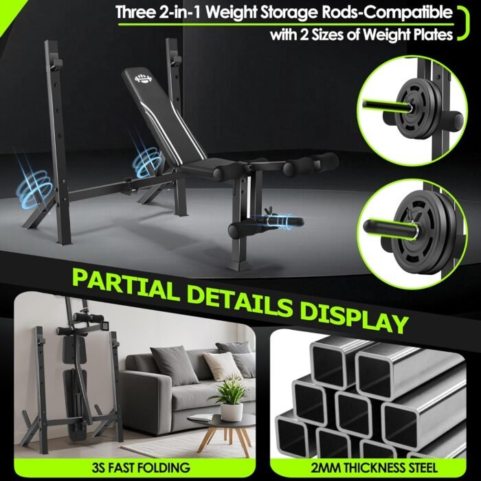 ANCHEER Foldable Weight Bench with Squat Rack Adjustable Bench Press Set for Home Gym Strength Training with Leg Developer, Weight Storage Rod Suitable for 1 & 2 Inch Plates - Image 6