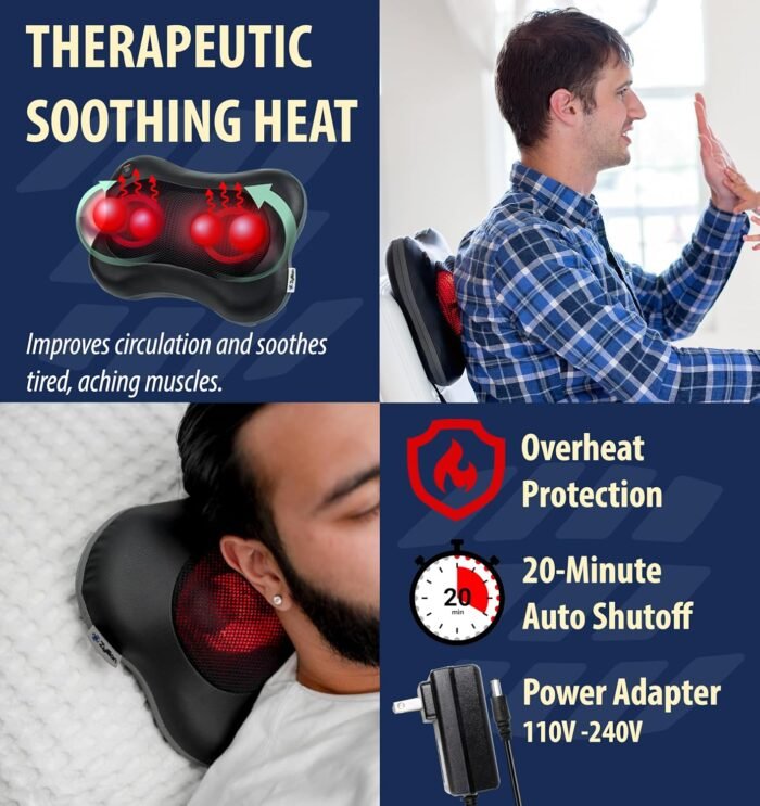 Zyllion Shiatsu Back and Neck Massager with Heat (FSA HSA Eligible) Cordless Rechargeable 3D Electric Kneading Deep Tissue Massage Pillow for Muscle Pain Relief on Shoulder, Leg, Foot ZMA-13RB - Image 7
