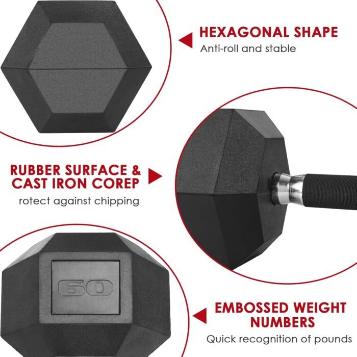 LIFERUN Rubber Grip Dumbbells Rubber Coated Cast Iron, with Anti-Slip Hex Black Dumbbell, Free Weights Dumbbell Set, 60lb/ 65lb/ 70lb/ 75lb dumbbells set of 2 - Image 8