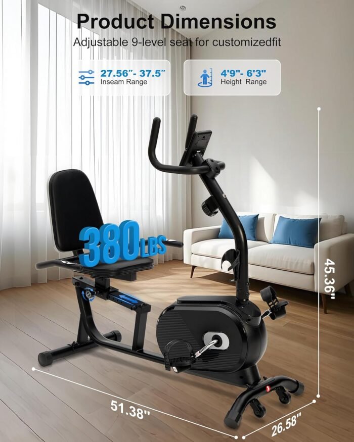 ECHANFIT Recumbent Exercise Bike for Home - 380LBS Weight Capacity, Exercise Bike with Smart Workout APP, 16-Level Magnetic Resistance, Backlit Display, Comfortable Seat - Image 6