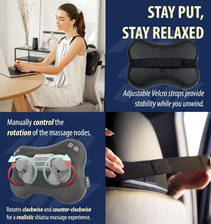 Zyllion Shiatsu Back and Neck Massager with Heat (FSA HSA Eligible) Cordless Rechargeable 3D Kneading 2-Speed Electric Deep Tissue Massage Pillow for Muscle Pain Relief on Shoulder, Leg, Foot ZMA-34RB - Image 5