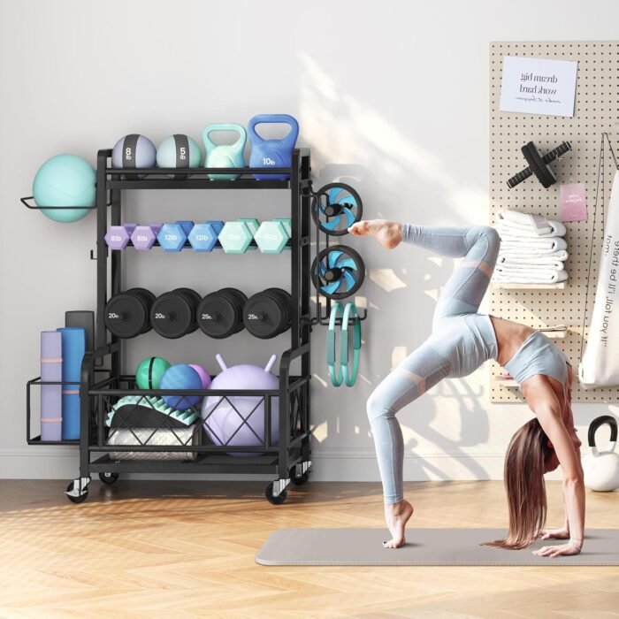 Yaheetech Weight Plate Rack Home Gym Yoga Mat Holder, Metal Dumbbell Rack Stand Fitness Equipment Storage with Hooks & Wheels for Kettlebells/Yoga Ball, Black - Image 3