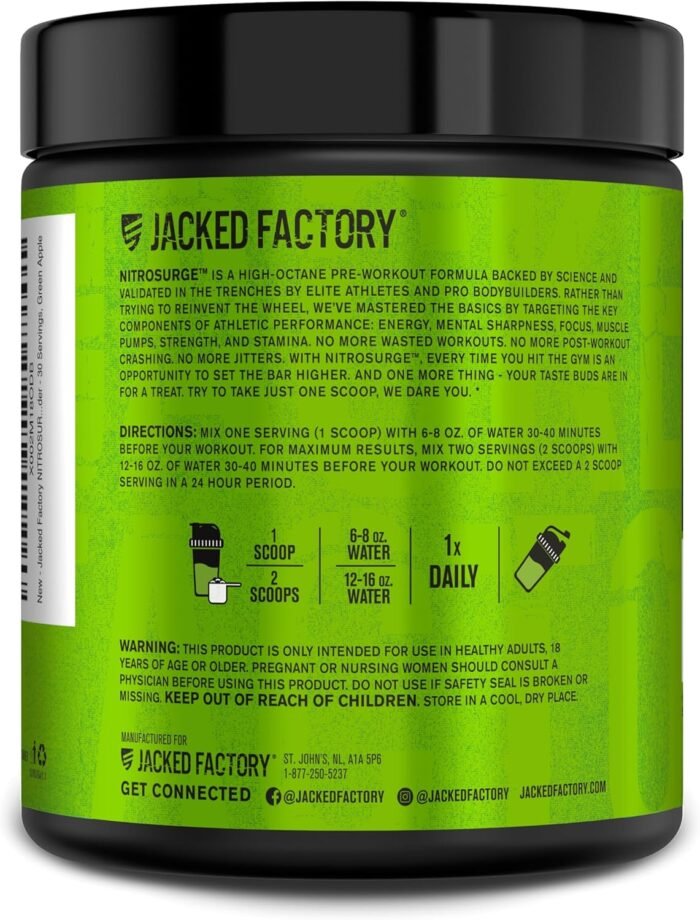 Jacked Factory NITROSURGE Pre Workout Supplement - Endless Energy, Instant Strength Gains, Clear Focus, Intense Pumps - NO Booster & Powerful Preworkout Energy Powder - 30 Servings, Green Apple - Image 9