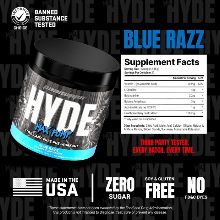 PROSUPPS Mr. Hyde Max Pump Pre Workout Powder - Stim-Free Preworkout Supports Blood Flow, Muscle Volume & Endurance - Caffeine-Free Nitric Oxide Gym & Fitness Supplements (Blue Razz, 20 Servings) - Image 6