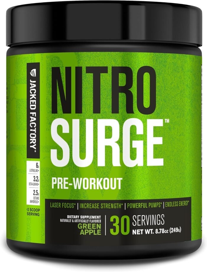 Jacked Factory NITROSURGE Pre Workout Supplement - Endless Energy, Instant Strength Gains, Clear Focus, Intense Pumps - NO Booster & Powerful Preworkout Energy Powder - 30 Servings, Green Apple - Image 2