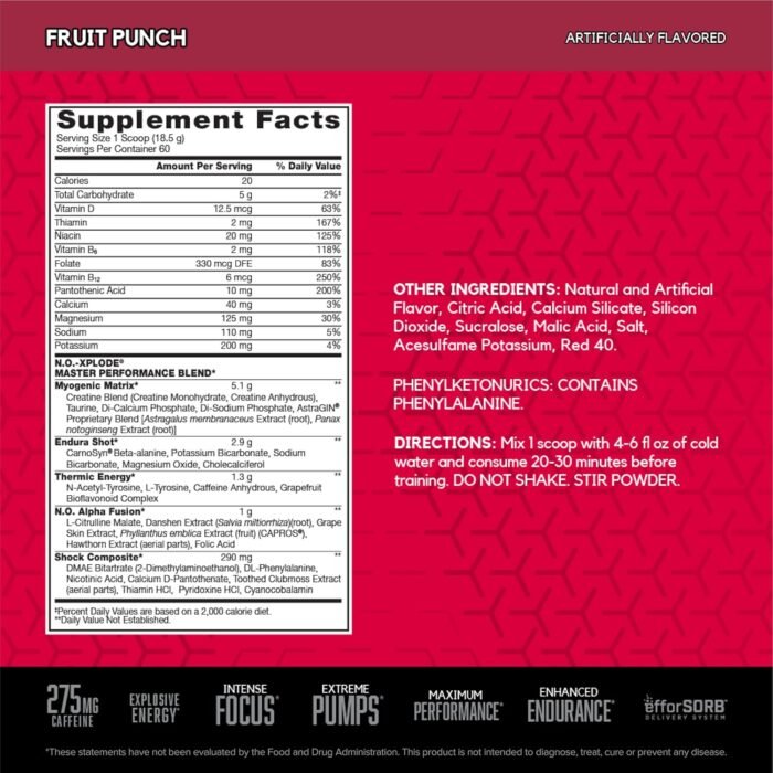 BSN N.O.-XPLODE Pre Workout Supplement with Creatine, Beta-Alanine, and Energy, Flavor: Fruit Punch, 60 Servings - Image 3
