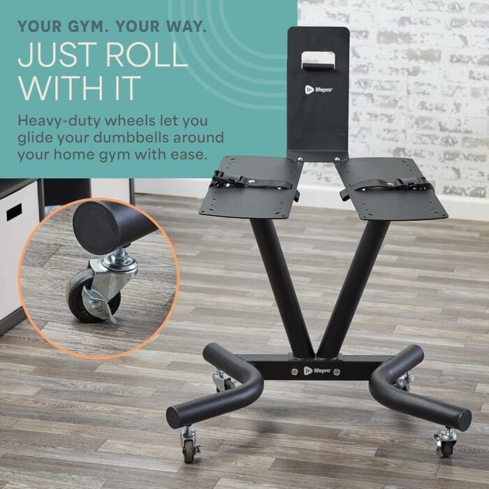 Lifepro Adjustable Dumbbell Stand Rack - Compatible with PowerFlow Plus, PowerUp Plus, and for More Brands- Phone Holder, featured Castors - Home Gym Storage and Convenient Strength Training - Image 10