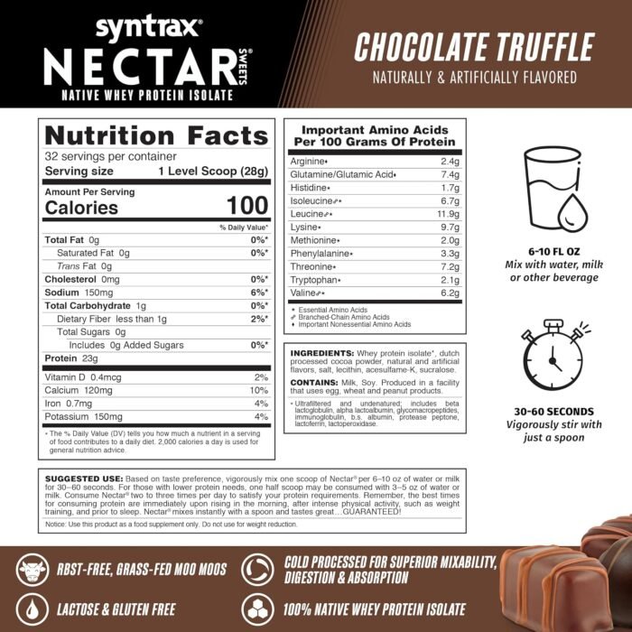 Syntrax Nutrition Nectar Sweets, 100% Whey Isolate Protein Powder, Chocolate Truffle, 2 lbs - Image 4