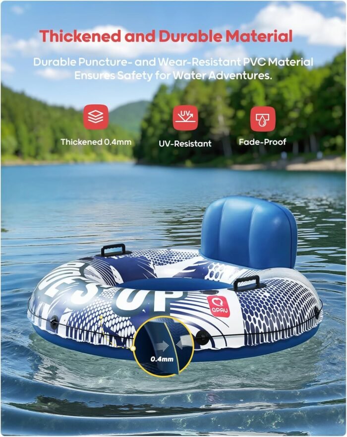 QPAU Inflatable River Tube, 0.4 mm Thickened Puncture-Resistant Heavy Duty River Float, River Raft with Ergonomic Backrest, Mesh Bottom & 2 Cup Holders for Family Friends Lake Float - Image 3