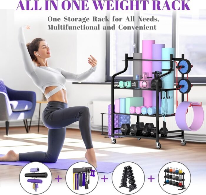 Mythinglogic Yoga Mat Storage Racks,Home Gym Storage Rack for Dumbbells Kettlebells Foam Roller, Yoga Strap and Resistance Bands, Workout Equipment Storage Organizer With Hooks and Wheels - Image 3