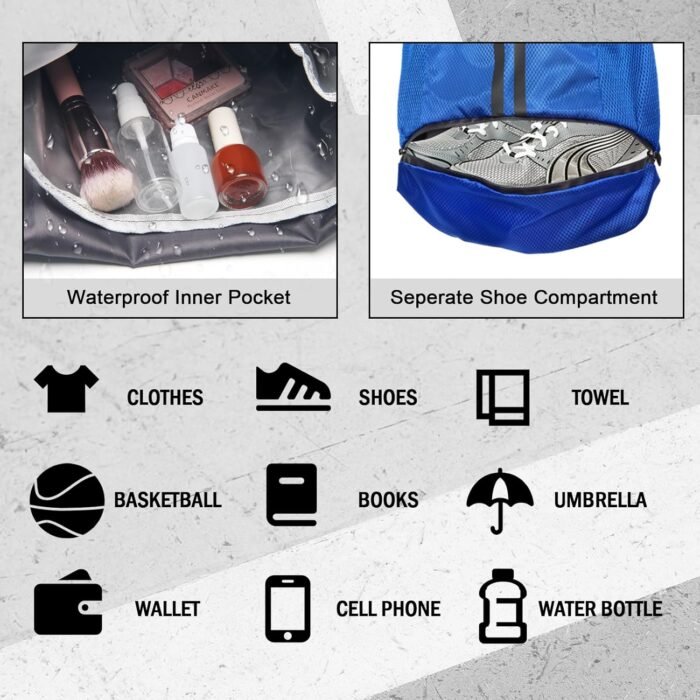 Sports Drawstring Backpack, Gym Bag with Water Bottle Holder Pockets, Shoe Compartment, Waterproof Pocket, Drawstring Bag for Women Men - Image 6