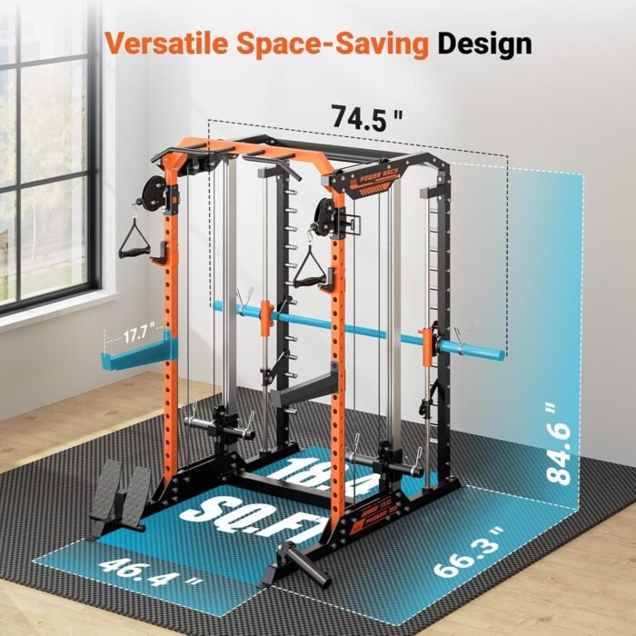 YOLEO Smith Machine with Independent Dual-Pulley System, 1700LBS Adjustable Cable Crossover Squat Rack, Multi-Functional Power Cage for Home Gym with More Workout Equipment LAT Pulldown Bar & Dip Bar - Image 7