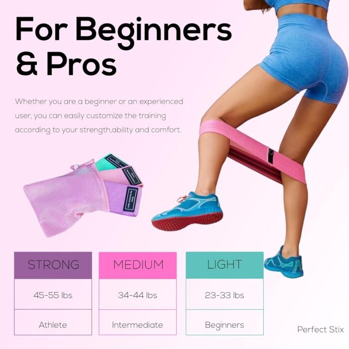 Perfect Stix Booty Bands - 3 Difficulties - Fabric Resistance Bands Set. Non Slip Stretch Bands. Exercise Bands for Legs and Butt. Includes a Pink Mesh Traveling Bag - Image 4