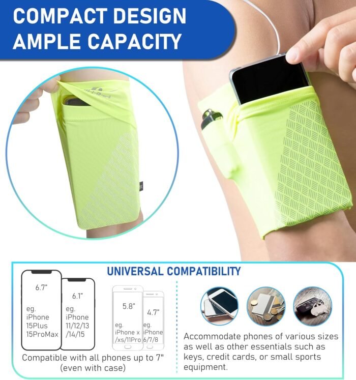 HiRui Universal Sports Armband Cell Phone Armband Sleeves Running Armband for Exercise Workout, Compatible with iPhone 16/16Plus/Pro/15/15Plus/14/13 Samsung Galaxy All Phones (Medium, Bright Yellow) - Image 6