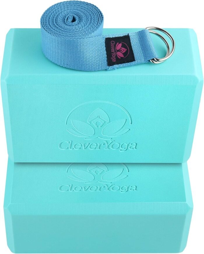 Clever Yoga Blocks 2 Pack with Strap - Extra Light Weight Sweat Repelling Foam Yoga Block Set with Cotton 8ft Yoga Stretch Strap - Yoga Block and Strap Set Kit for Beginner to Pro - Exercise - Image 8