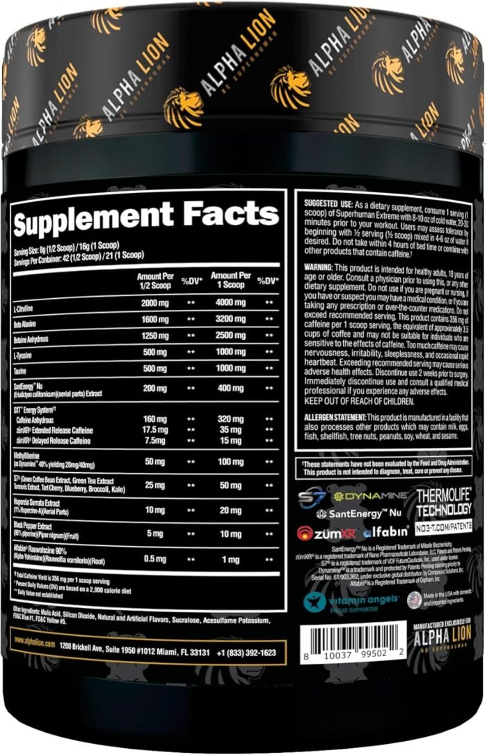 ALPHA LION Superhuman Extreme High Stim Pre Workout Powder, Beta Alanine, L-Taurine & 356mg Tri-Source Caffeine for Sustained Energy, Nitric Oxide & Citrulline for Pump (21 Servings, Sour Gummy Bear) - Image 3