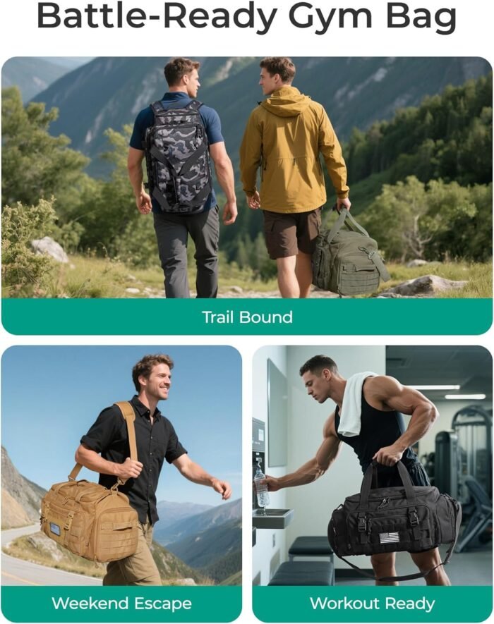 BAGSMART Tactical Gym Bag for Men, 22L Duffle Bag for Travel with Shoe Compartment, 4 in 1 Personal Item Tactical Backpack with 40oz Water Bottle Holder, Forest Camo - Image 4