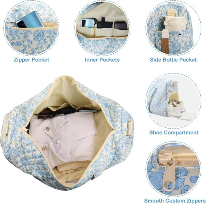 Travel Duffle Bag, Weekender Overnight Quilted Duffle Bag for Women, Large Capacity Duffel Bag with Shoe Compartment, Gym Tote Bags with Dry and Wet Separation (2 Pcs) - Image 6