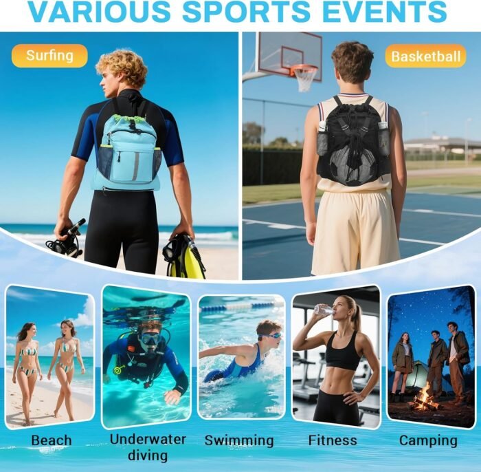 Drawstring Backpack, Waterproof Sandproof Beach Backpack for Sport Gear Small Gym Bag with Hidden Ball Net Pocket and Seperated Wet Pocket Draw String Back Bag for Women Men, Blue - Image 7