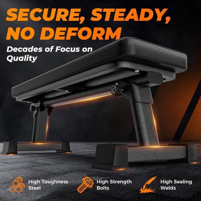 BODY RHYTHM Semi-Commercial Foldable Flat Bench for Multi-Purpose Weight Training and Ab Workout, Flat Weight Workout Exercise Bench with 1000lb Weight Capacity for Strength Training Bench Press, Suitable for Home and Gym. - Image 3