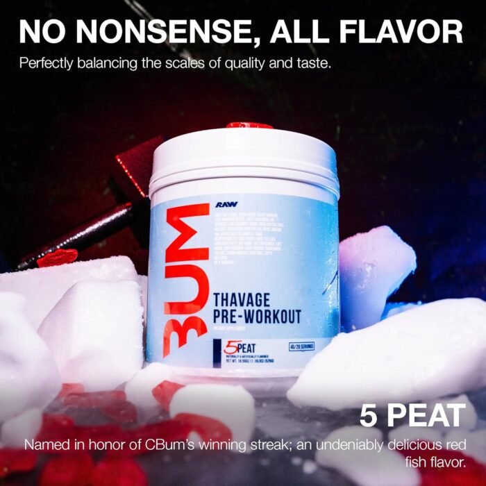 RAW Pre Workout Powder, Thavage (5 Peat, Red Gummy) - Chris Bumstead Sports Nutrition Supplement for Men & Women - Cbum Pre Workout for Working Out, Hydration, Mental Focus & Energy - 40 Servings - Image 4