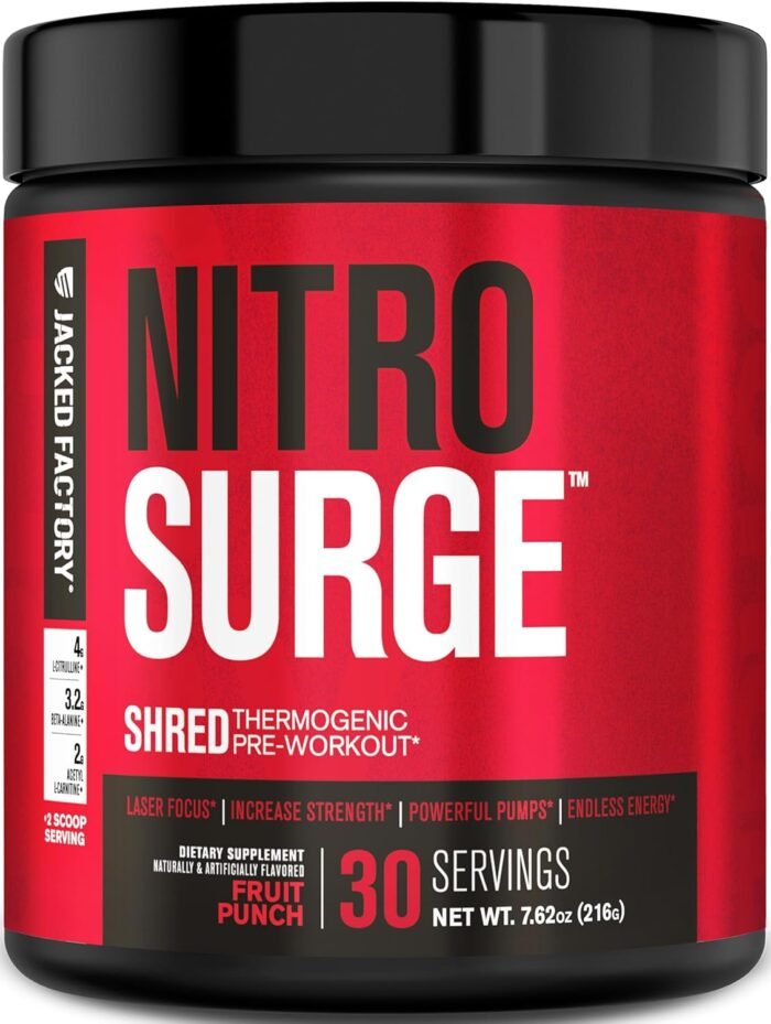 Jacked Factory NITROSURGE Shred Pre Workout Supplement - Energy Booster, Instant Strength Gains, Sharp Focus, Powerful Pumps - Nitric Oxide Booster & PreWorkout Powder - 30Sv, Fruit Punch - Image 2