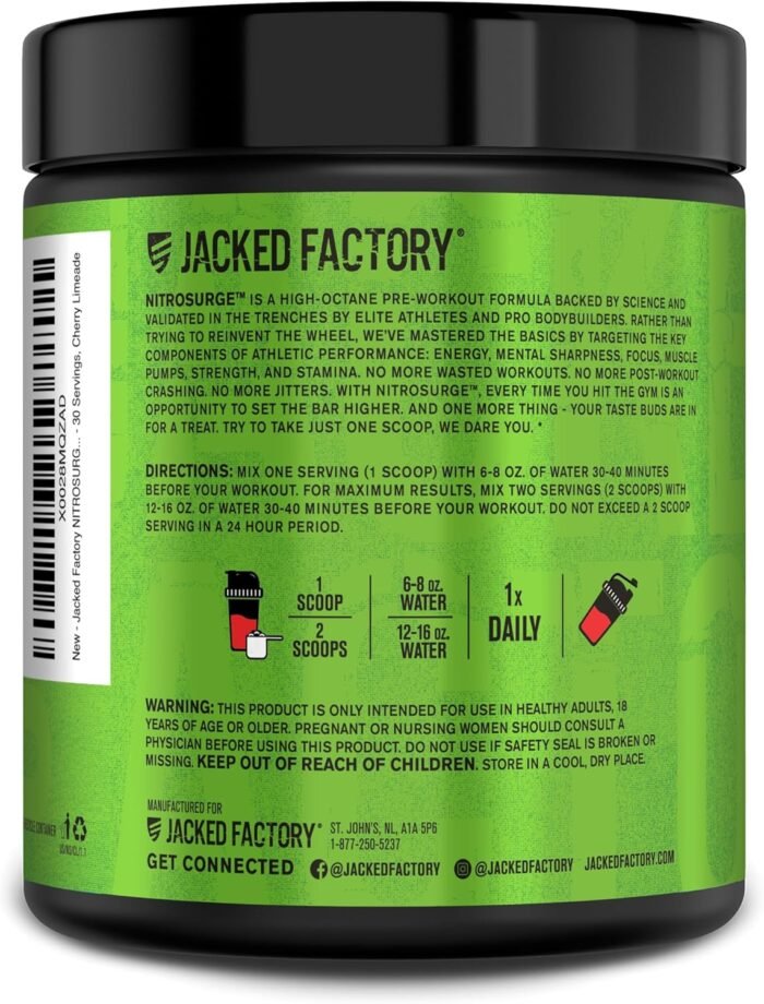 Jacked Factory NITROSURGE Pre Workout Supplement - Endless Energy, Instant Strength Gains, Clear Focus, Intense Pumps - NO Booster & Preworkout Powder with Beta Alanine - 30 Servings, Cherry Limeade - Image 10