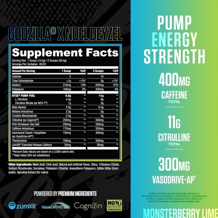 RYSE Godzilla X Noel Deyzel Pre Workout Powder - Monsterberry Lime - 400mg Caffeine, High Stim Pre-Workout for Men & Women with Citrulline & Beta Alanine - Energy, Pump & Focus - 20/40 Servings - Image 3