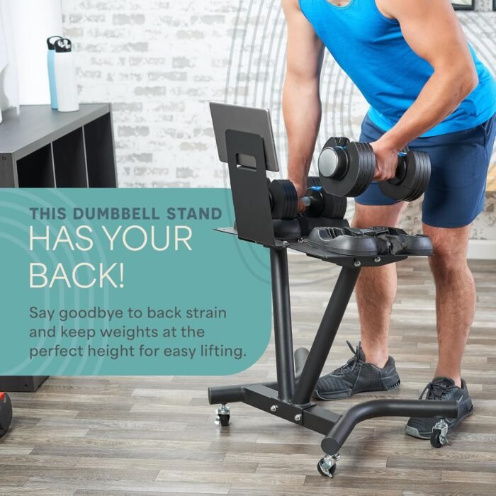 Lifepro Adjustable Dumbbell Stand Rack - Compatible with PowerFlow Plus, PowerUp Plus, and for More Brands- Phone Holder, featured Castors - Home Gym Storage and Convenient Strength Training - Image 3