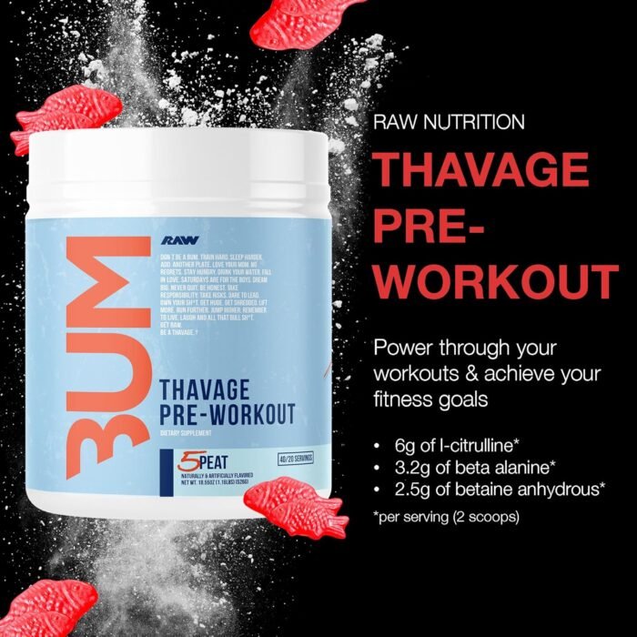 RAW Pre Workout Powder, Thavage (5 Peat, Red Gummy) - Chris Bumstead Sports Nutrition Supplement for Men & Women - Cbum Pre Workout for Working Out, Hydration, Mental Focus & Energy - 40 Servings - Image 3