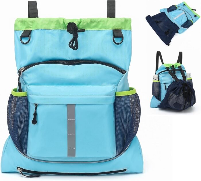 Drawstring Backpack, Waterproof Sandproof Beach Backpack for Sport Gear Small Gym Bag with Hidden Ball Net Pocket and Seperated Wet Pocket Draw String Back Bag for Women Men, Blue - Image 2