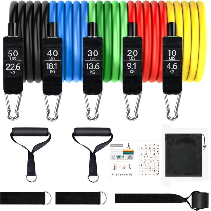 Resistance Bands Set, Exercise Bands, Work Out Bands with Handles, Up to 150lbs, Color Coded Exercise Bands, Exercise Guide, Storage Bag - Image 2