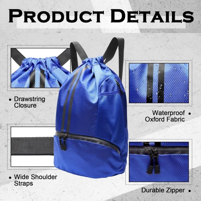 Sports Drawstring Backpack, Gym Bag with Water Bottle Holder Pockets, Shoe Compartment, Waterproof Pocket, Drawstring Bag for Women Men - Image 4