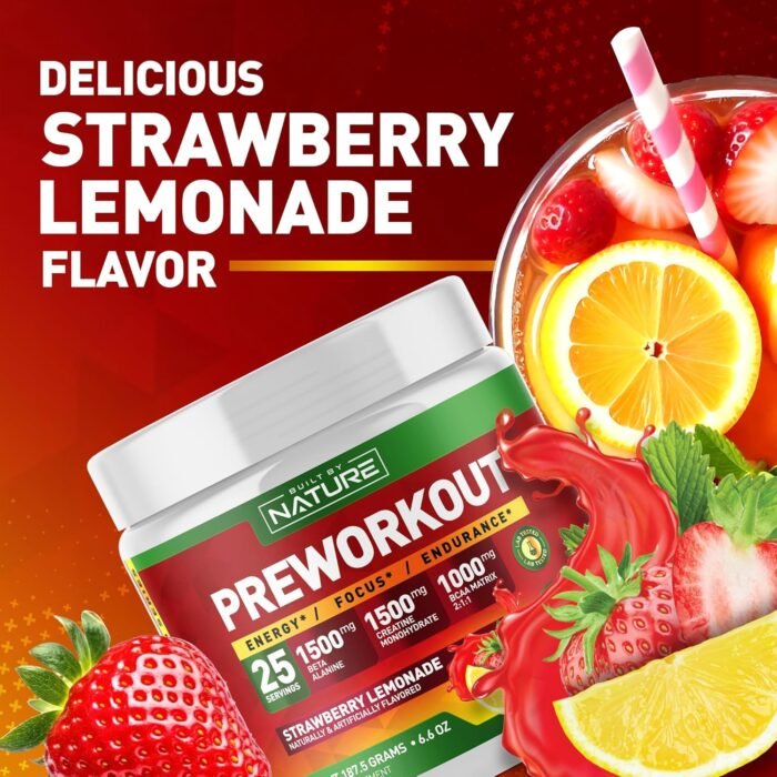 Built by Nature Pre Workout Powder with Beta Alanine, Creatine Monohydrate, BCAA, L Citrulline, L Arginine and Caffeine - Strawberry Lemonade Flavor - 25 Servings - Image 6