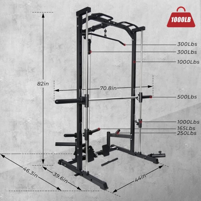 RitFit Smith Machine Power Rack with LAT-Pull Down System, Landmine, Barbell Bar, Plate Storage Pegs and More Training Attachment (Smith Machine 1.0), Black - Image 4