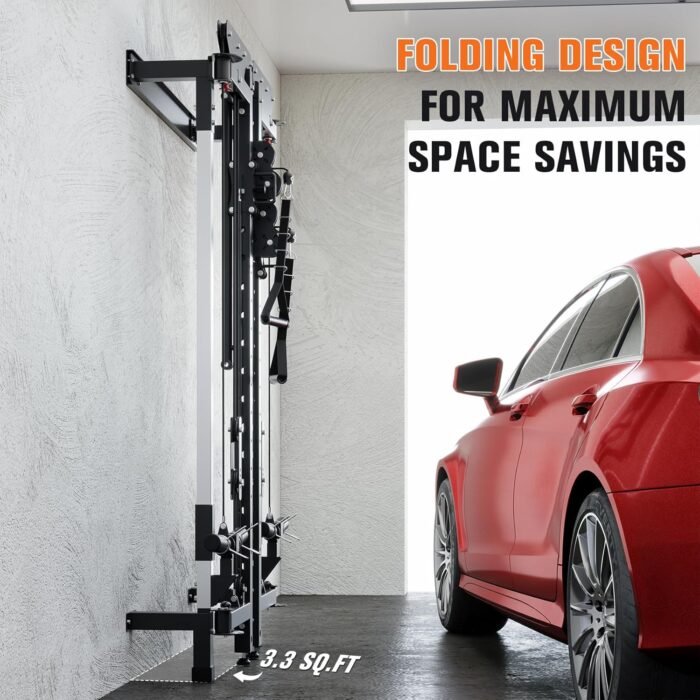 Folding Squat Rack - Wall Mounted Power Rack Cage with Cable Crossover Machine & LAT Pull Down - Functional Home Gym Trainer with 5 Adjustable Modes - with Safety Arm and Dips Attachment - Image 3