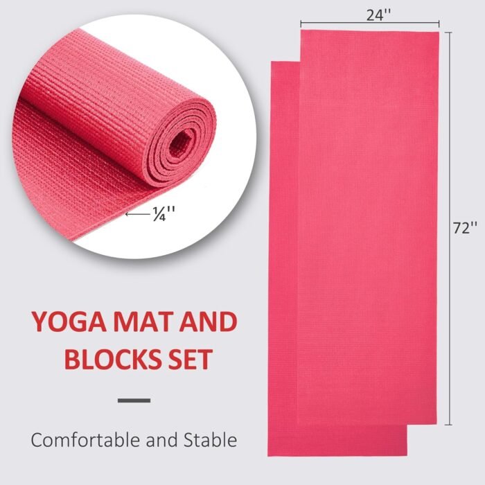 All Purpose 1/4-Inch High Density Anti-Tear Exercise Yoga Mat with Carrying Strap and Yoga Blocks, Red - Image 3