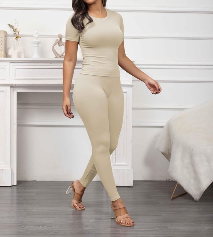 PINSV 2 Piece Sets for Women Summer Casual Jogger Workout Outfits Fitted Crew Neck T-shirt High Waist Legging Sets - Image 3