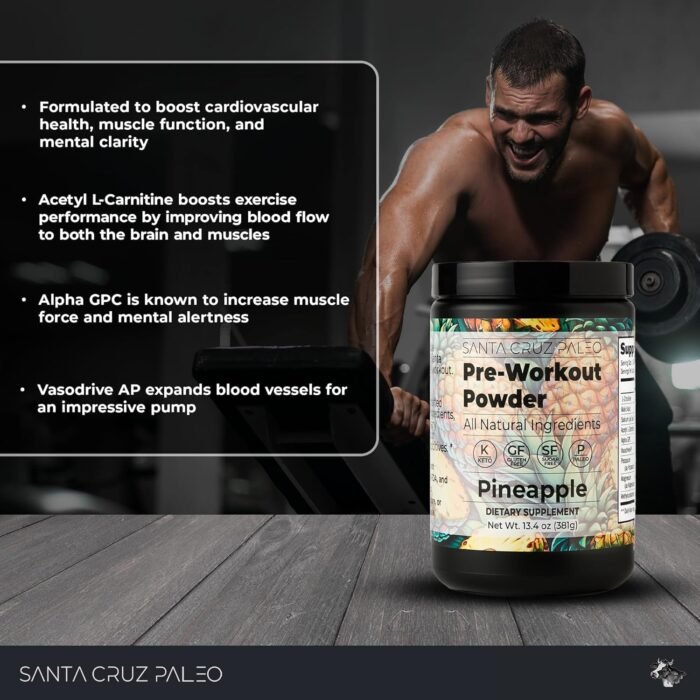 Santa Cruz Paleo Pre Workout Powder with Caffeine & Electrolytes, Magnesium, Potassium, Sea Salt & L Citrulline, Sugar Free Preworkout Drink Mix for Energy & Hydration, Pineapple Flavor, 30 Servings - Image 3