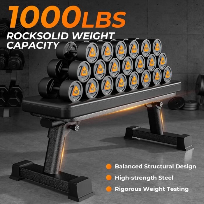 BODY RHYTHM Semi-Commercial Foldable Flat Bench for Multi-Purpose Weight Training and Ab Workout, Flat Weight Workout Exercise Bench with 1000lb Weight Capacity for Strength Training Bench Press, Suitable for Home and Gym. - Image 4