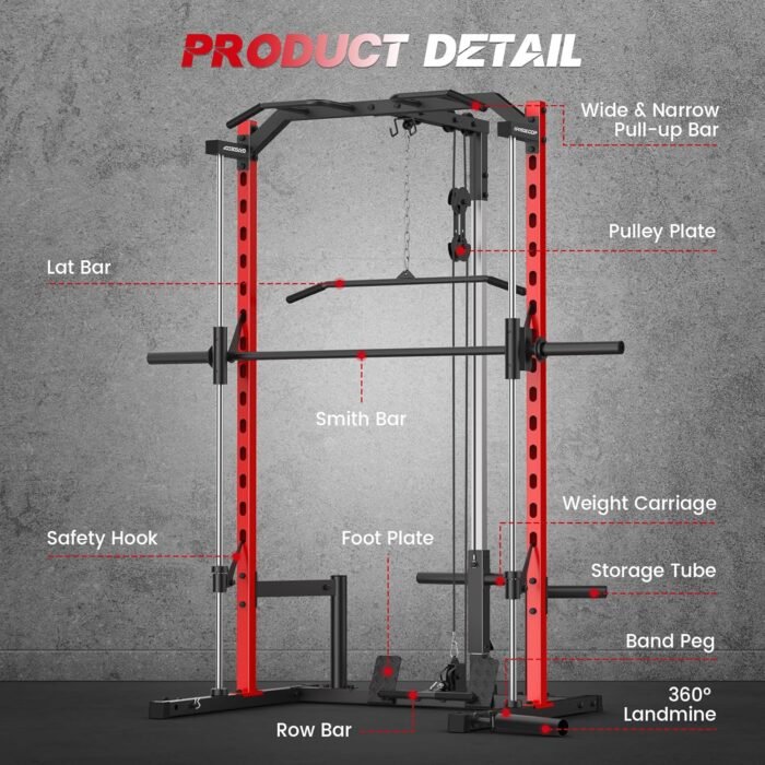 All in One Smith Machine with LAT-Pull Down, Multi-Functional Smith Machine, Power Cage with Cable Crossover, Squat Rack with Landmine, Barbell Bar, Plate Storage Pegs and More Training Attachment - Image 3